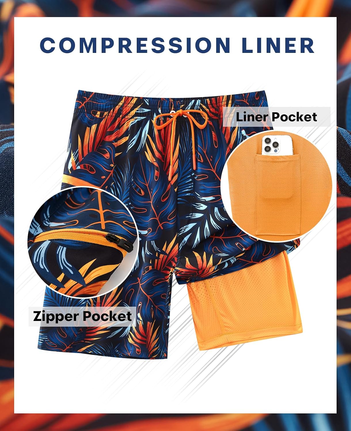 Detalle de APTRO 2-in-1 Men’s Swim Trunks 9" with Zipper Pockets (Built-in Board Shorts Liner)