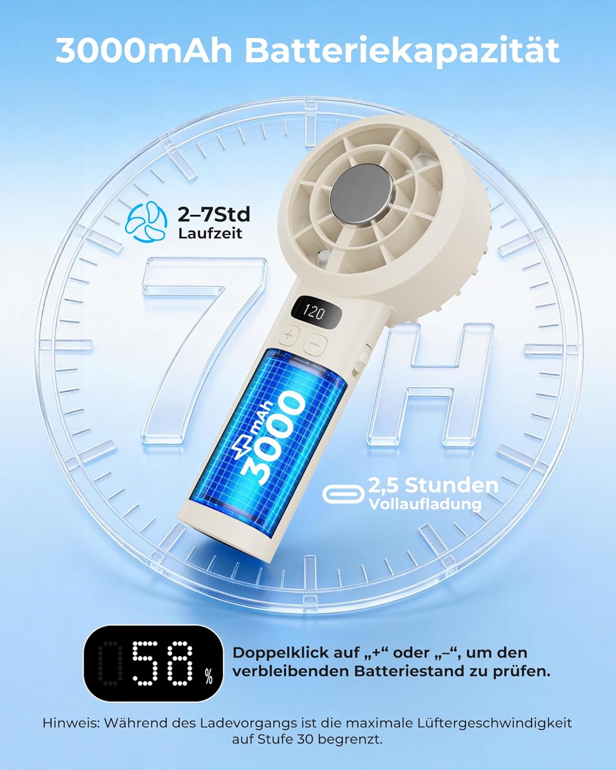 Thumbnail 3 de LUXVANO Handventilator (120 Stufen) mit LED-Display, Sicherheitsverriegelung und 3000 mAh Akku – USB Mini Ventilator in Beige