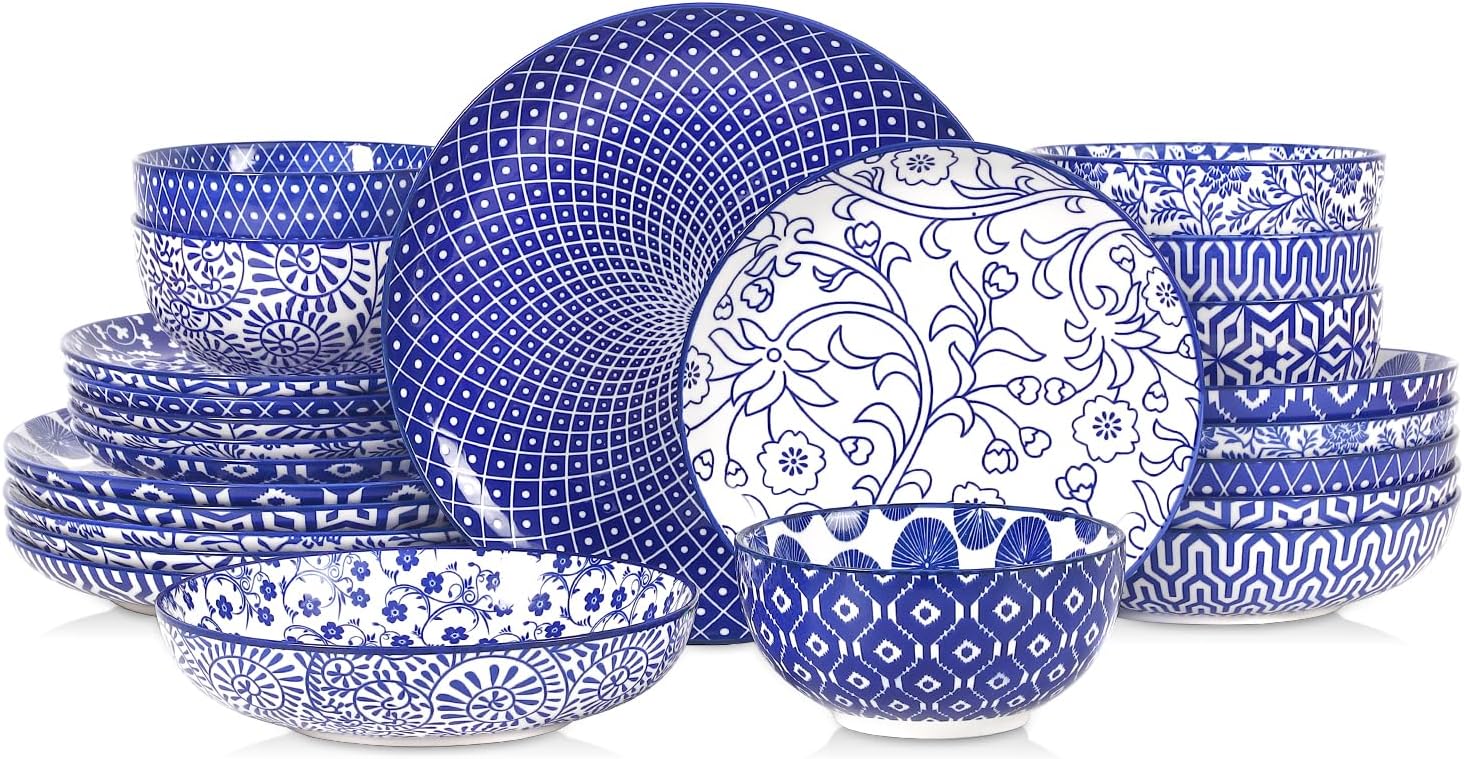 Detalle de Selamica 24-Piece Ceramic Dinnerware Set in Vintage Blue