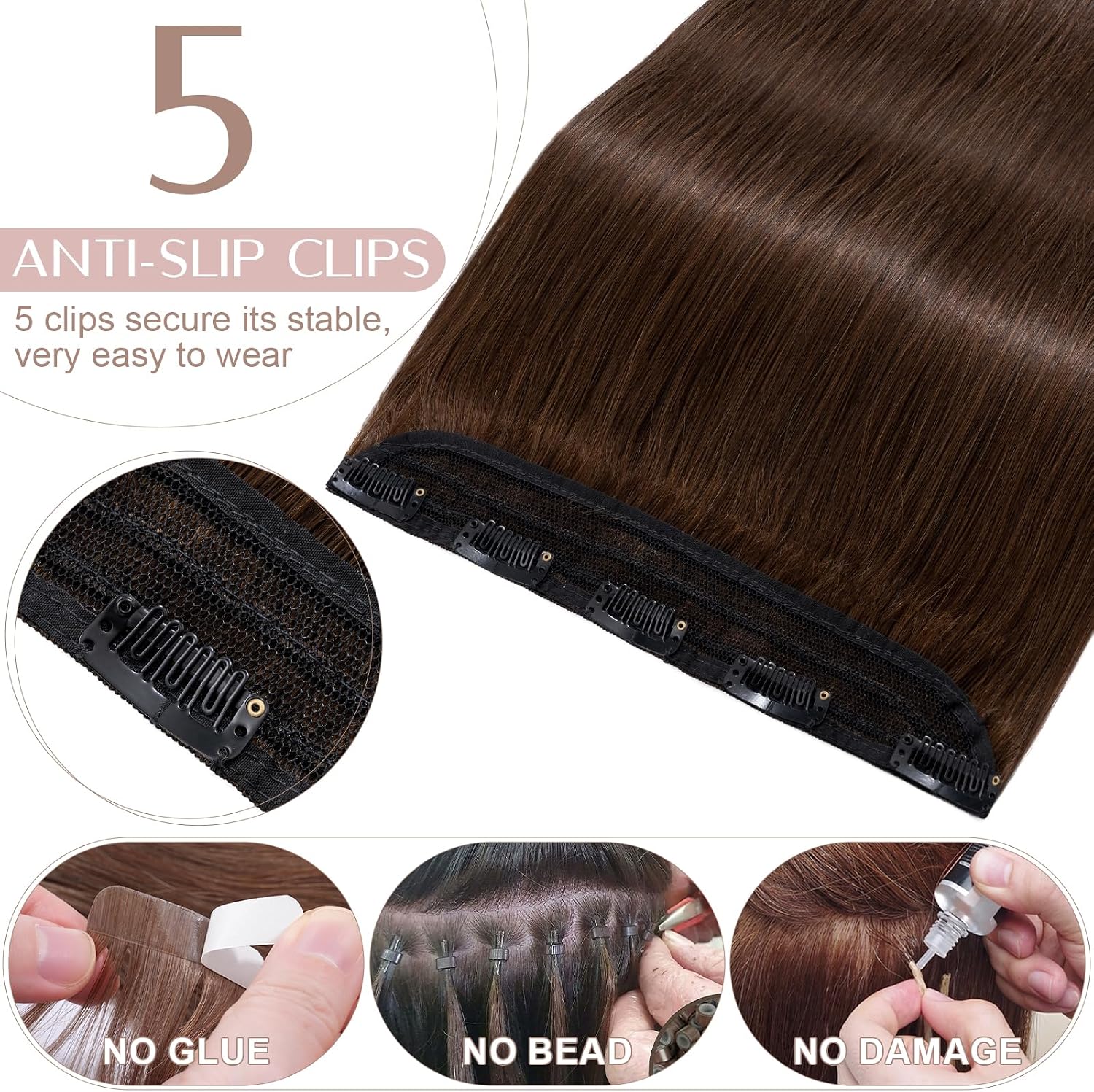 Detalle de SEGO Extension Capelli Veri Clip Fascia Unica 20 cm – Ciocche Remy Marrone Cioccolato #4, 40 g