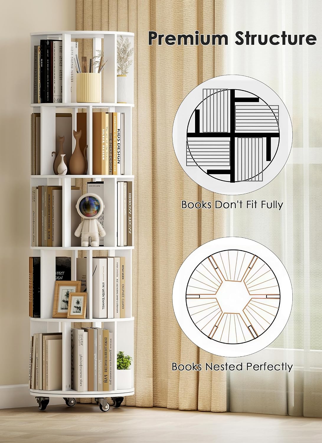 Detalle de yeshine Rotating 5-Tier Corner Bookshelf (360° Revolving, White) for Small Spaces