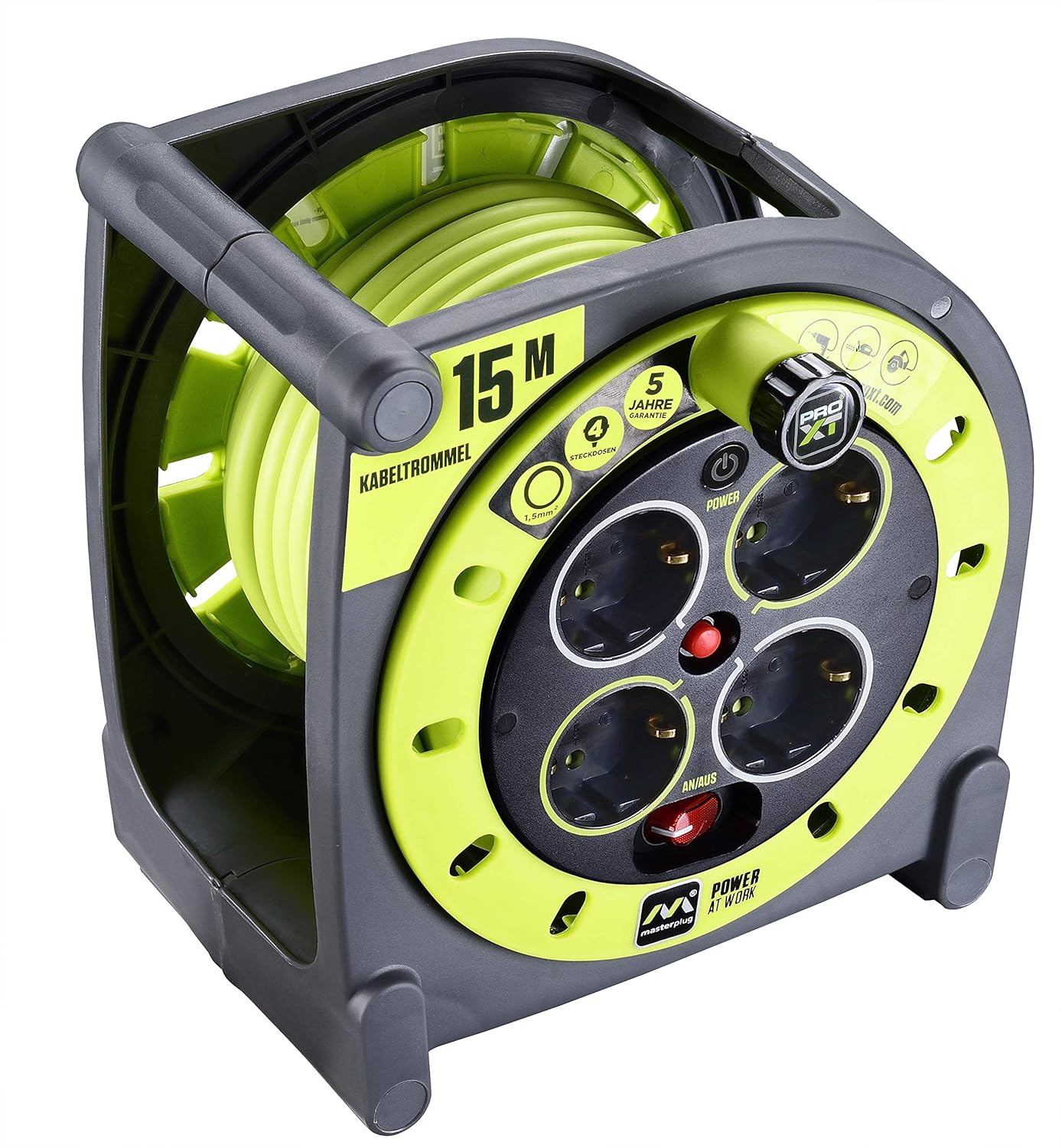 Detalle de Masterplug Pro-XT Kabeltrommel 15 m – Outdoor Verlängerungskabel mit 4 Steckdosen, Thermoschutz und Netzschalter
