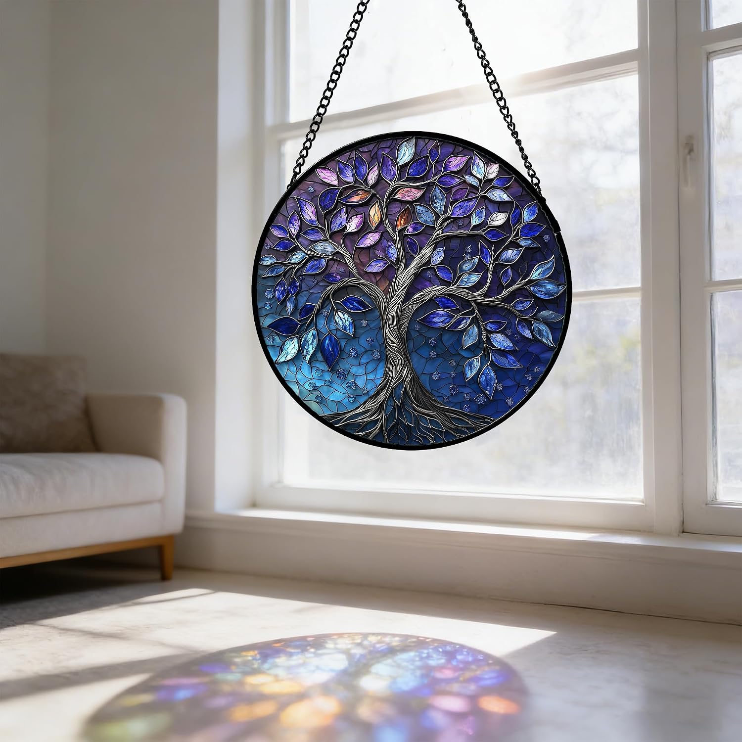 Detalle 2 de DASTOLL Blue Purple Tree of Life Stained Glass Window Hanging, 6.3-Inch