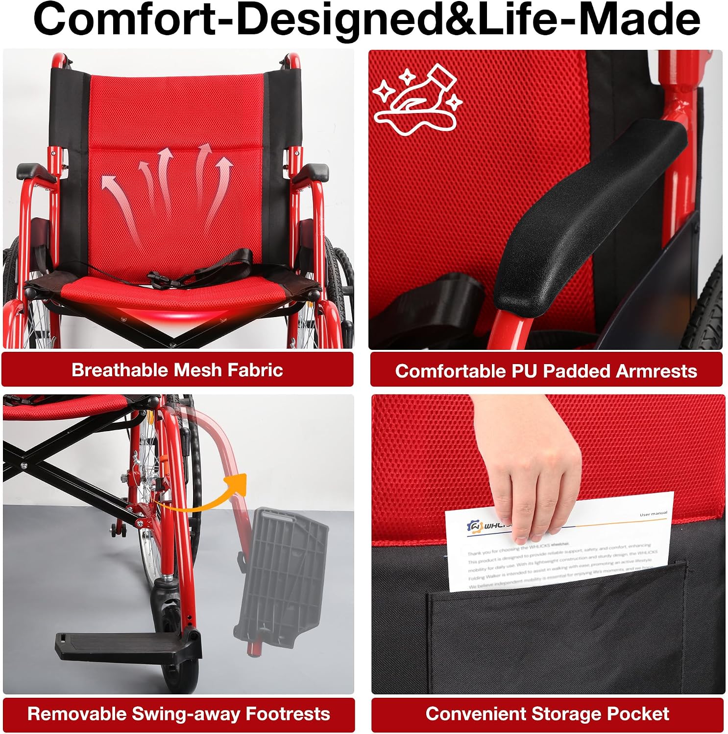 Detalle de WHLICKS A06 Lightweight Folding Wheelchair, 22-Inch Rear Wheels and Swing-Away Footrests