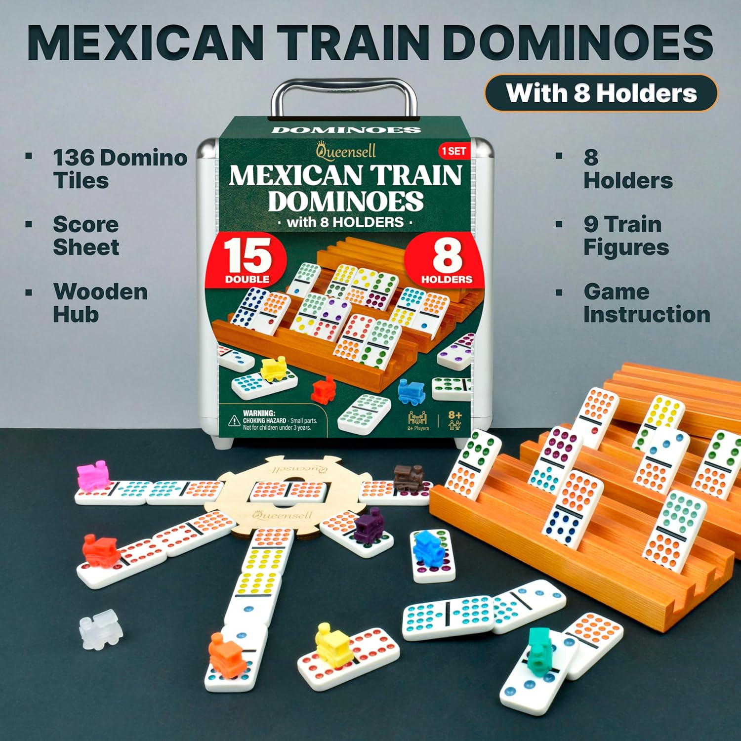 Detalle 2 de Queensell Mexican Train Double-15 Dominoes Set (136 Tiles) with 8 Wooden Holders and Hub
