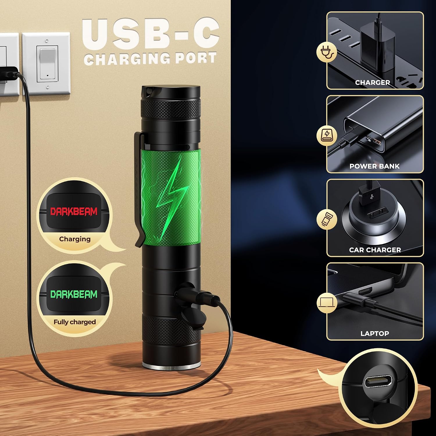 Detalle de DARKBEAM Torcia LED Professionale Ricaricabile USB — Mini torcia potente, impermeabile IPX65, 150 m di fascio