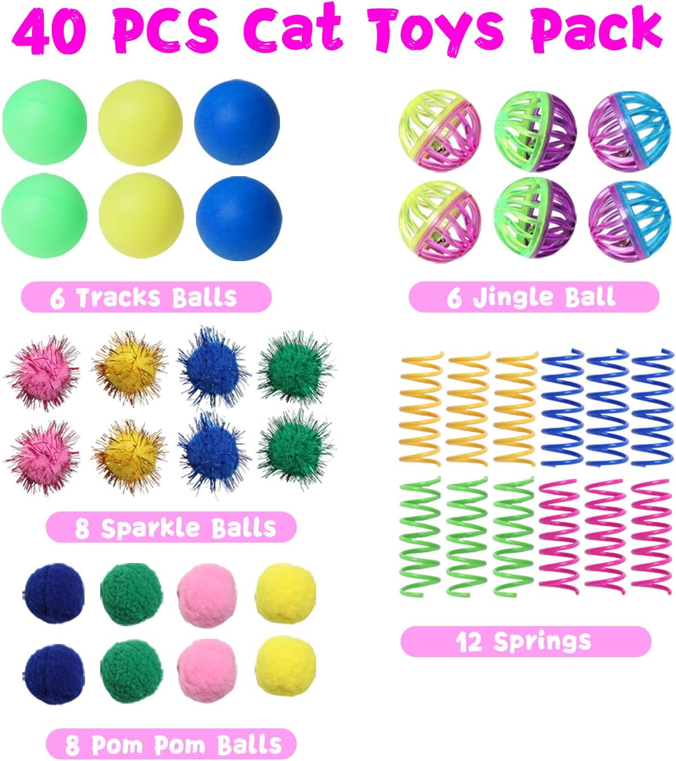 Detalle de Flashine A12 Cat Toy Set, 40 Pieces with Springs, Jingle Balls and Pom-Poms