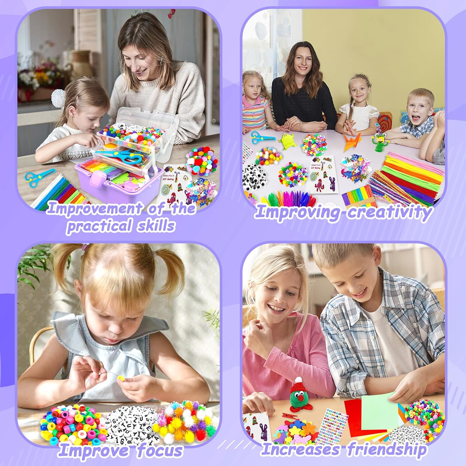 Detalle 2 de 3000‑teiliges Bastelset Kinder Bastelkoffer – inkl. Pfeifenreiniger, Papier, Perlen und mehr, Lila
