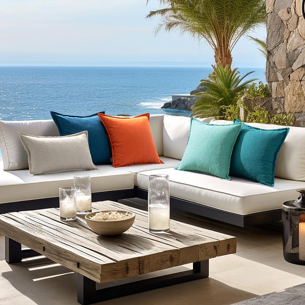 Thumbnail 5 de MIULEE Waterproof Faux Linen Outdoor Cushion Covers 45x45cm (Set of 2) – Blue Green