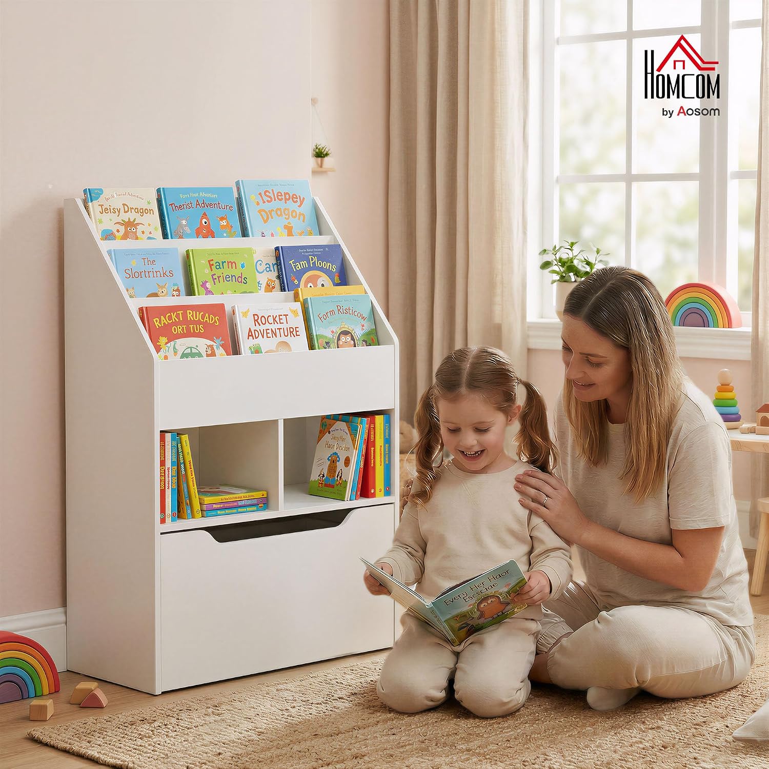 Thumbnail 1 de HOMCOM Kids Bookshelf with Moveable Drawer – Montessori-Inspired White Bookcase on Wheels
