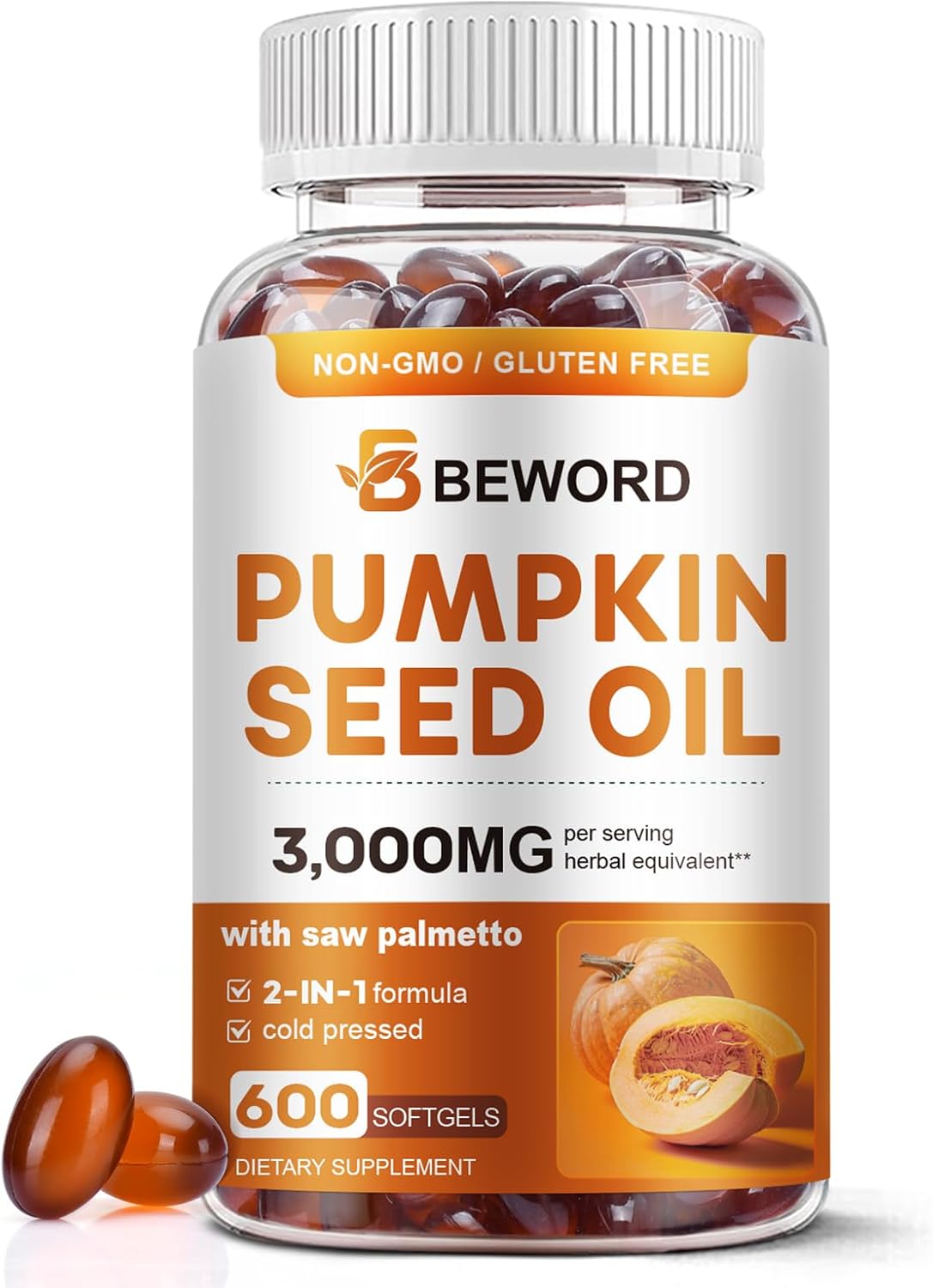 Detalle de BEWORD Pumpkin Seed Oil- 600 Softgels with Saw Palmetto, Cold-Pressed