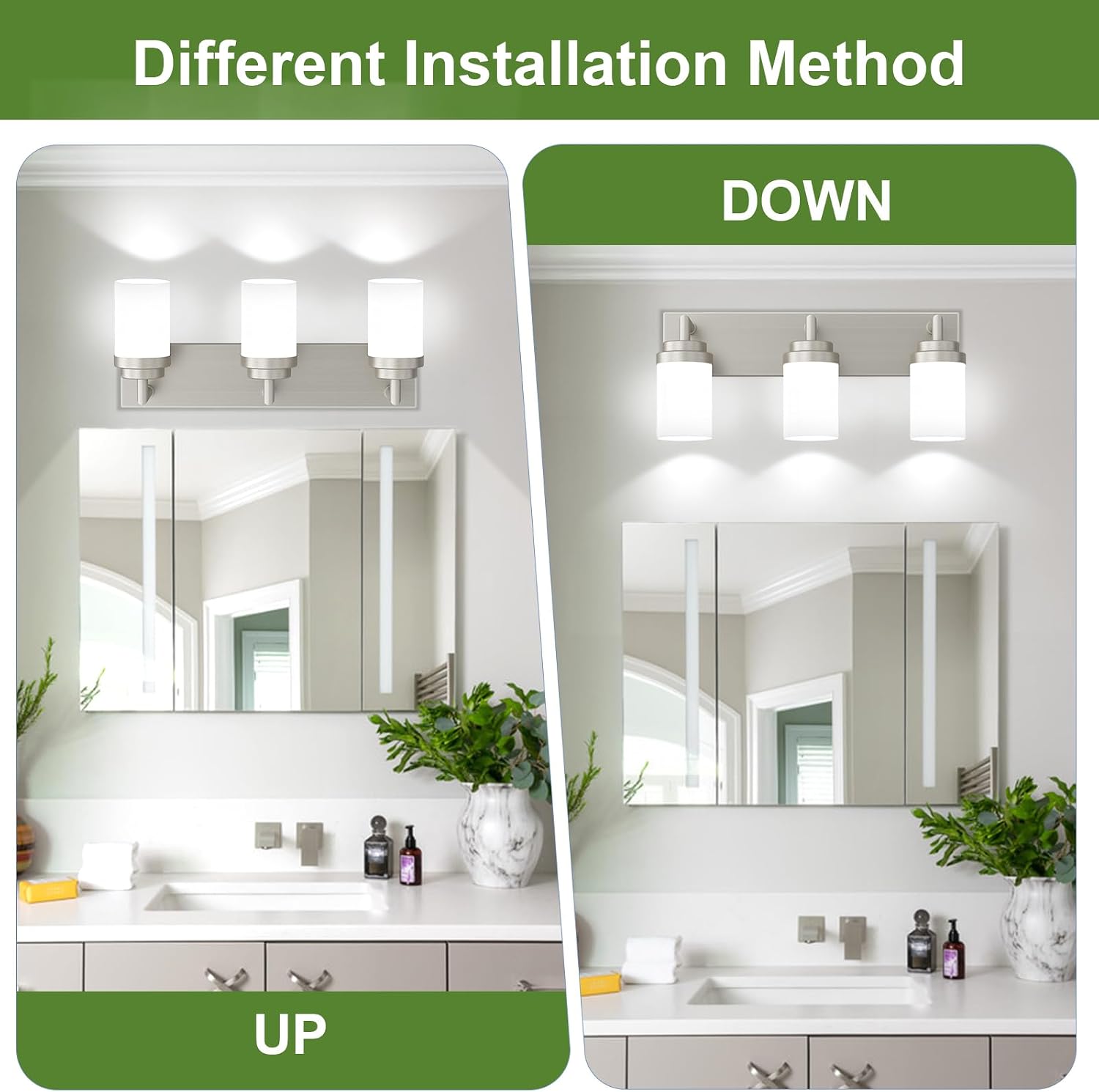Detalle 1 de LKHF Vanity light 3-Light Bathroom Vanity Fixture, Brushed Nickel, White Glass