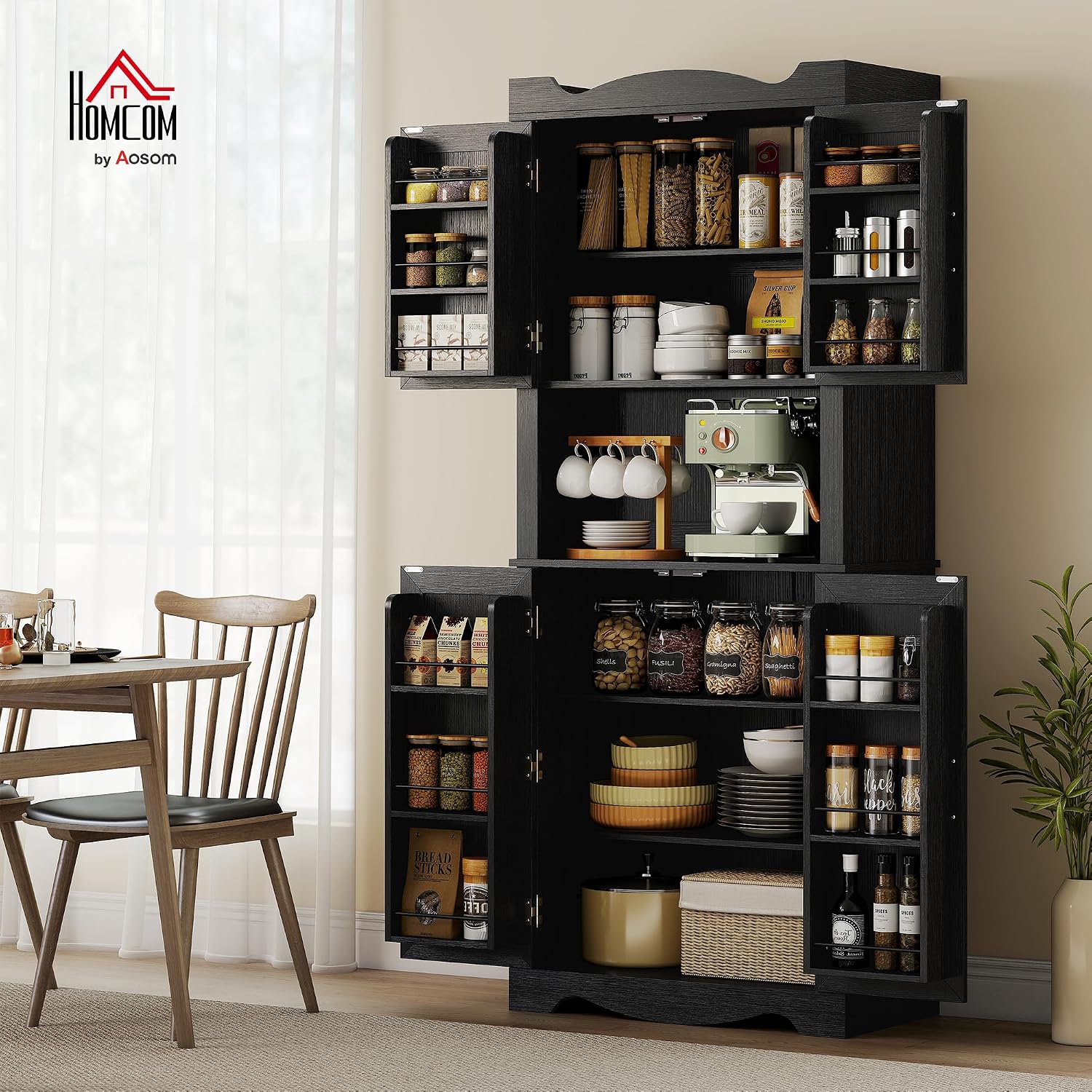 Detalle 2 de HOMCOM 83A-364V80BK Kitchen Pantry Cabinet, 4 Doors, 12 Door Shelves, Black