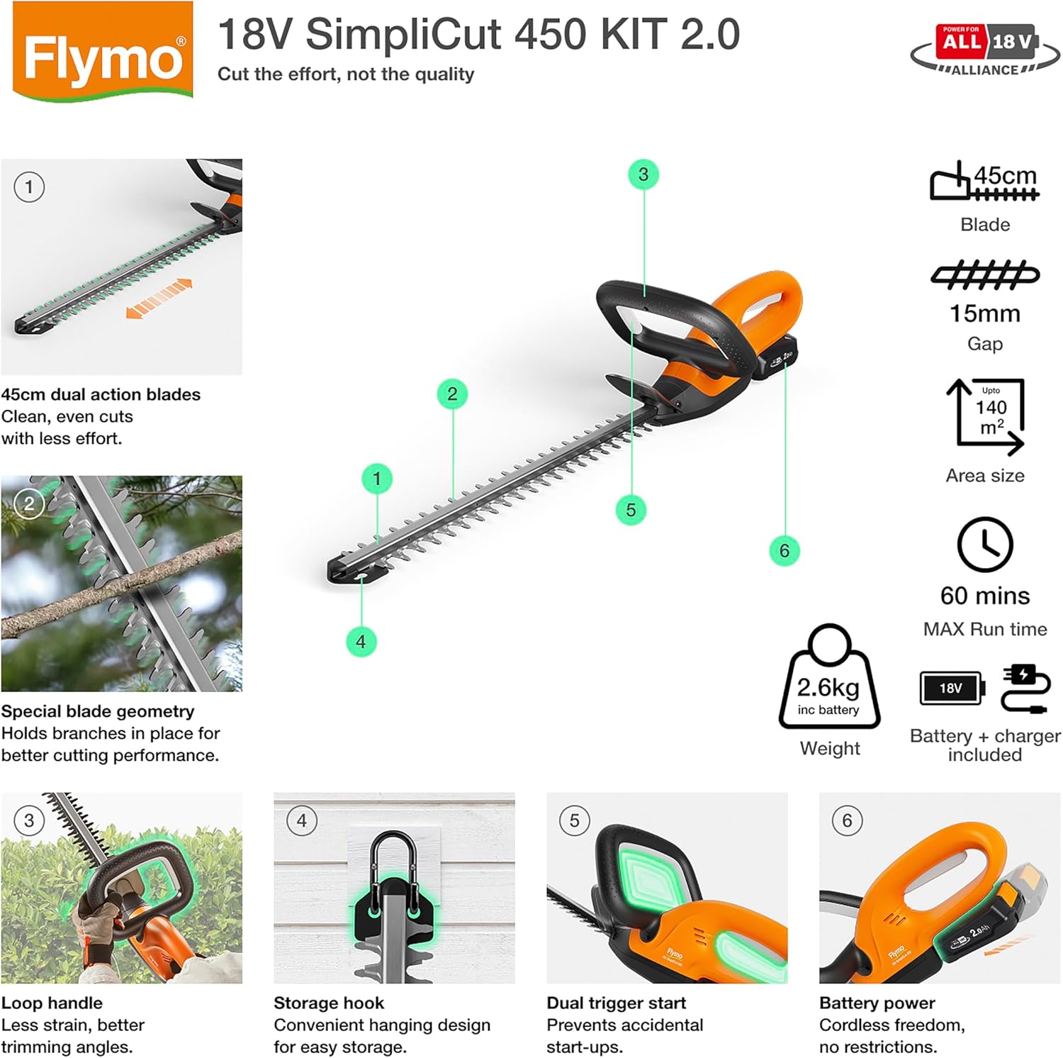 Thumbnail 1 de Flymo 18V SimpliCut 450 Hedge Trimmer (with battery and charger) — 45cm dual action blades
