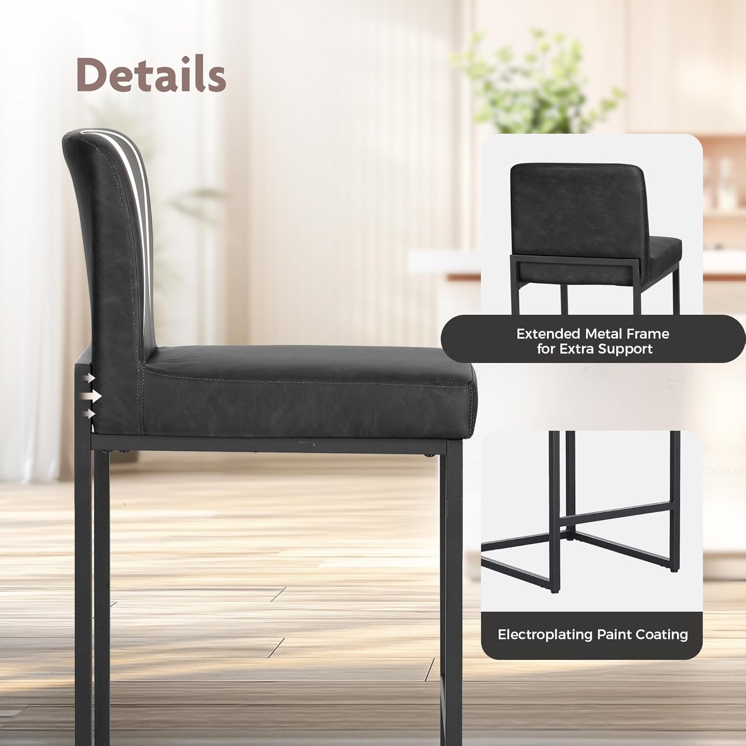 Detalle de ALPHA HOME 24" Bar Stools Set of 2 with Backs, PU Leather Kitchen Stools and Footrest (Black)