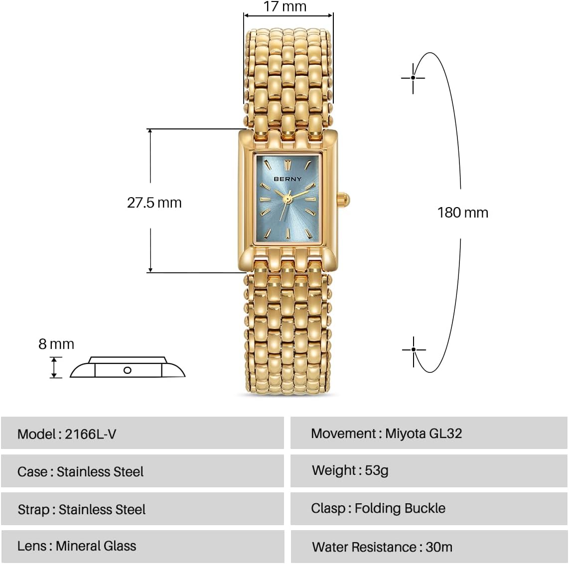 Detalle 2 de BERNY Gold Uhr für Damen – Rechteckiges Design, Quarz, 3ATM Wasserfest