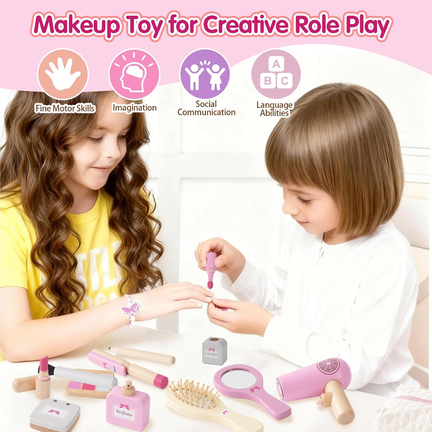 Detalle de Smartwo Wooden Pretend Makeup, Hairdressing and Jewellery Set (19-piece) for Toddler Girls, Ages 3–6
