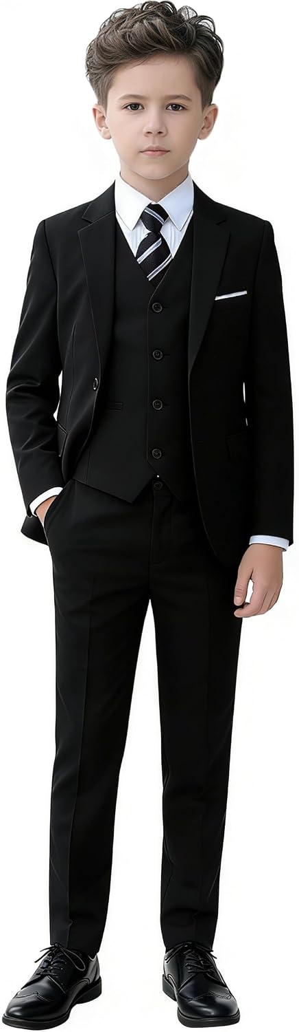 Detalle de YuanLu Boys Slim Fit Suit, Black Kids Tuxedo Set with Adjustable Waist