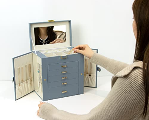 Detalle 2 de KAMIER Boîte à bijoux pour femme – grande boîte de rangement à 6 couches avec miroir et 5 tiroirs, bleu-gris