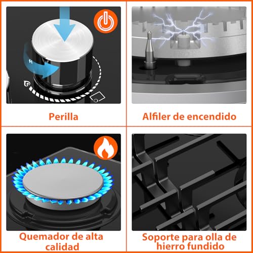 Thumbnail 8 de Topwish Placa de gas butano 4 fuegos con mandos iluminados en azul y 8000 W