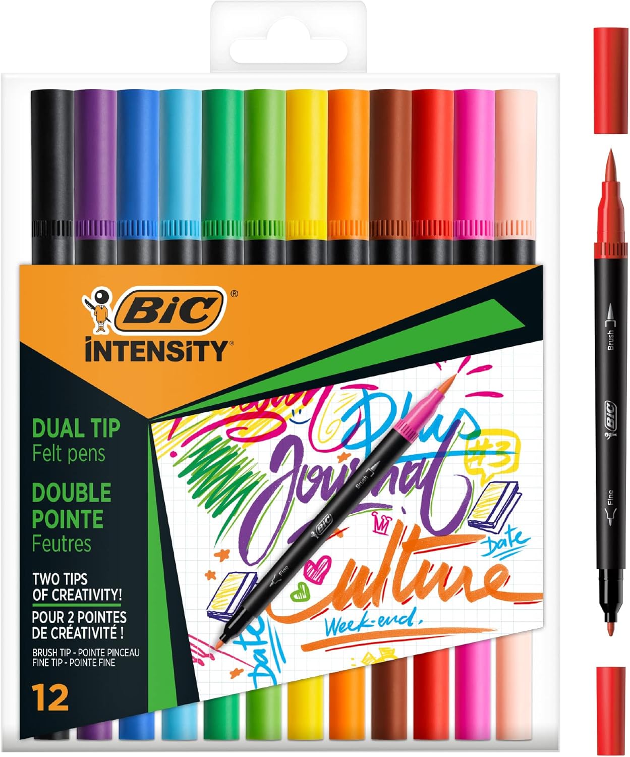 Detalle de BIC Intensity Dual-Tip Felt Tip Pens (12 Pack) – Fine + Brush for Colouring, Journals and Calligraphy