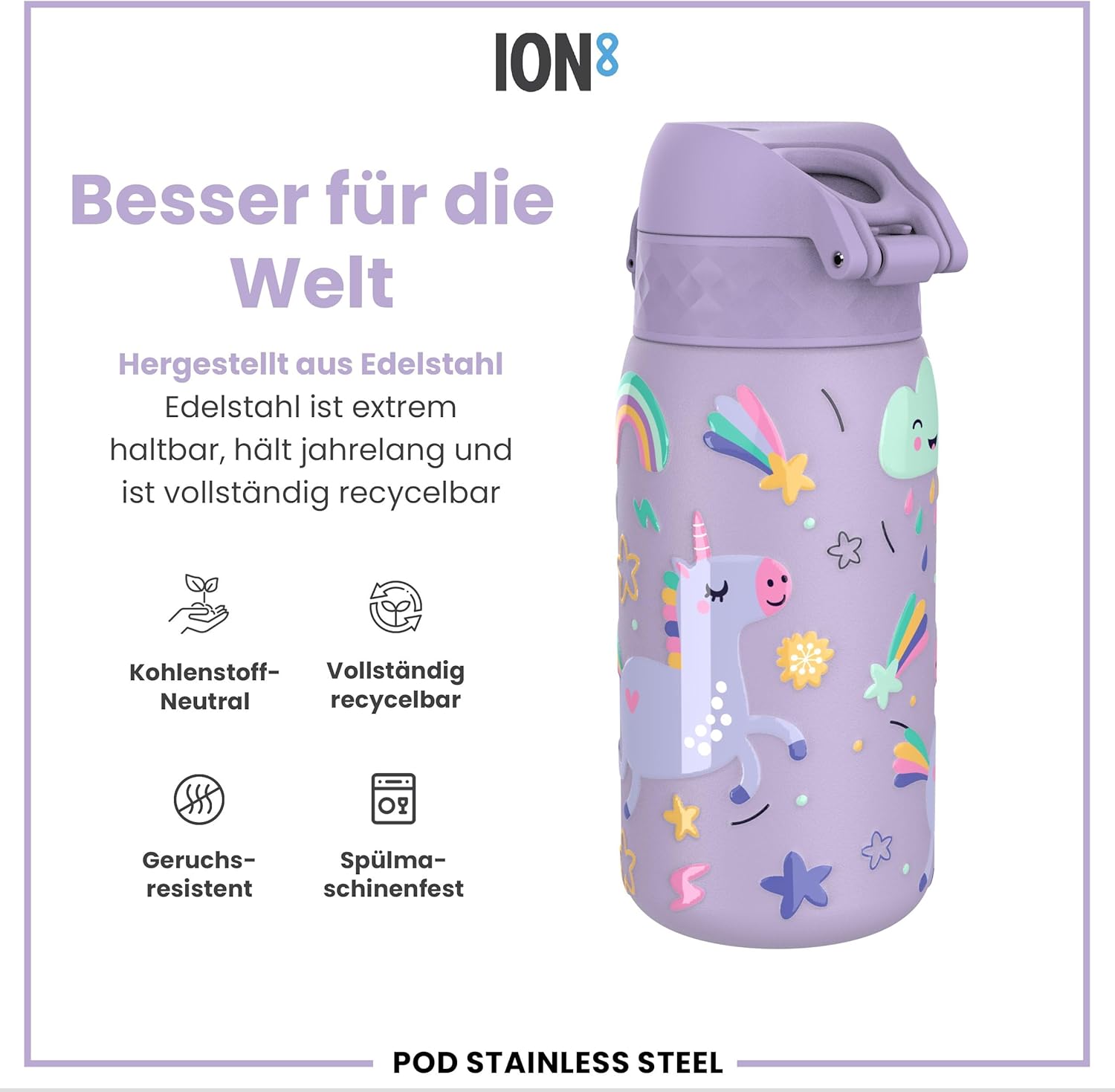 Detalle de Ion8 Edelstahl-Trinkflasche 400 ml – leicht, auslaufsicher, Einhandöffnung, violettes Einhorn