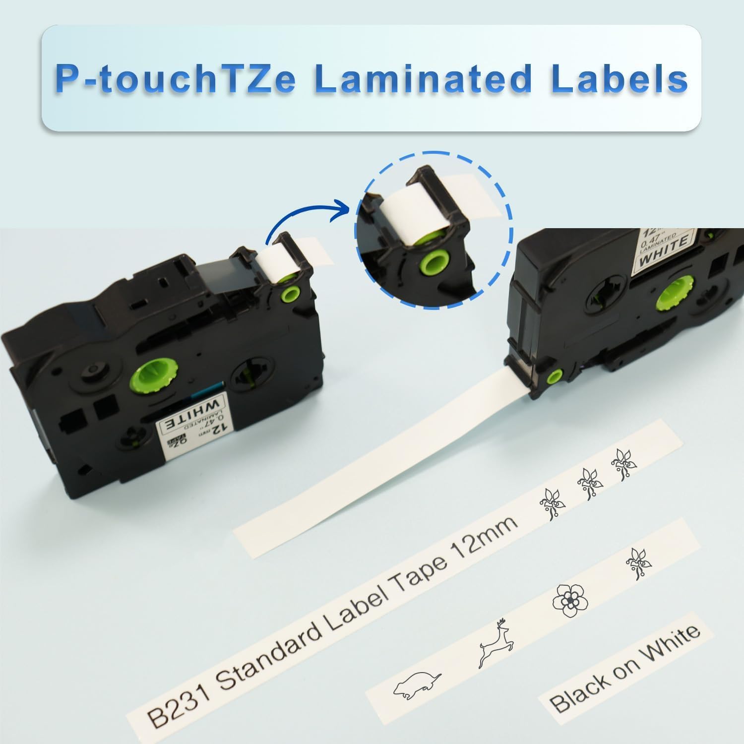 Thumbnail 6 de Molabel 10er-Pack TZe-231 Schriftbänder – 12 mm, Schwarz auf Weiß, laminiert