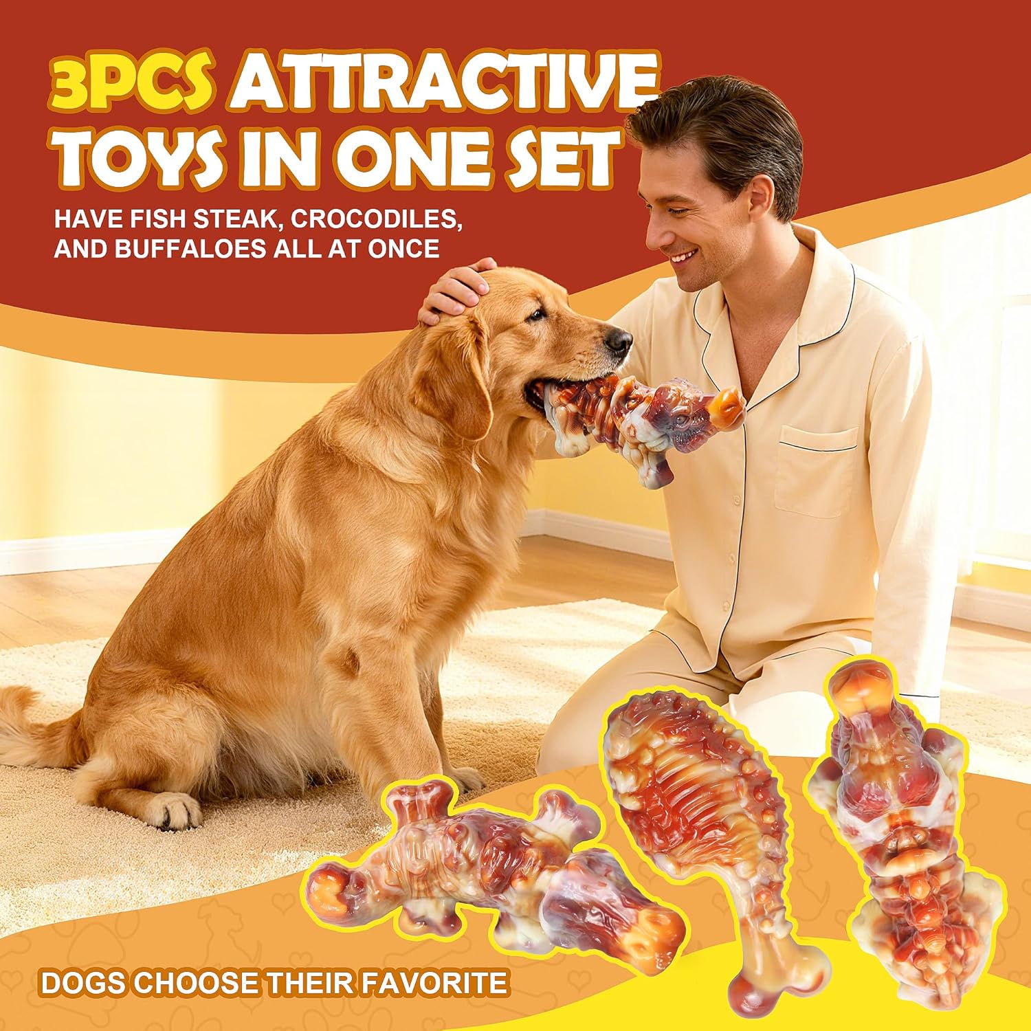 Thumbnail 2 de Large Dog Chew Toys for Aggressive Chewers – 3 Tough Nylon Dog Bones (Yellow)