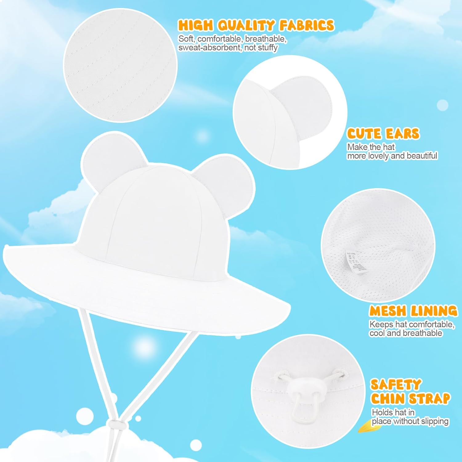 Detalle de DRESHOW Baby Sun Hat with Bear Ears — UPF 50+ Toddler Beach Cap in Cotton, Unisex, with Chin Strap