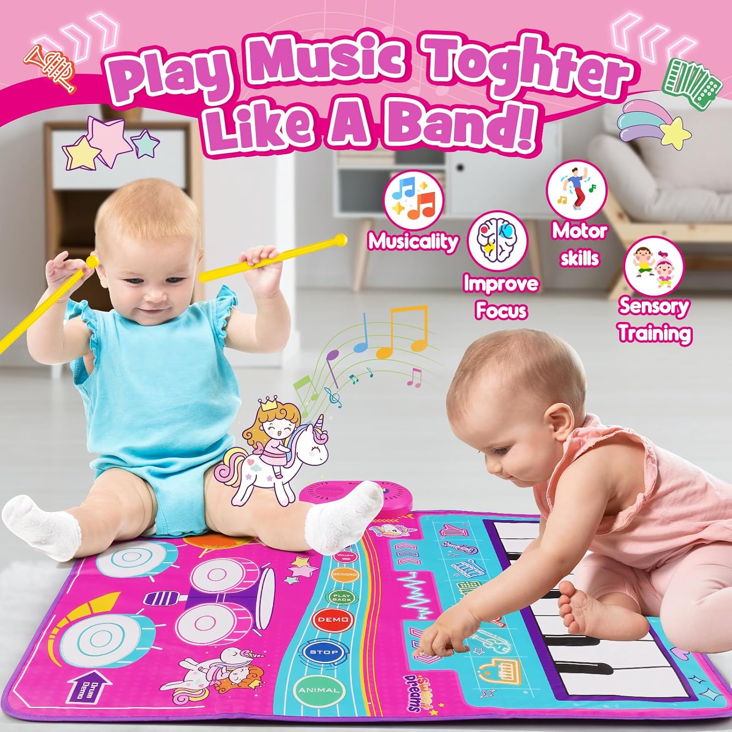 Thumbnail 4 de Gralal Unicorn 3-in-1 Musical Mat for 1–2 Year Old Girls – Pink Piano Drum with 19 Sounds