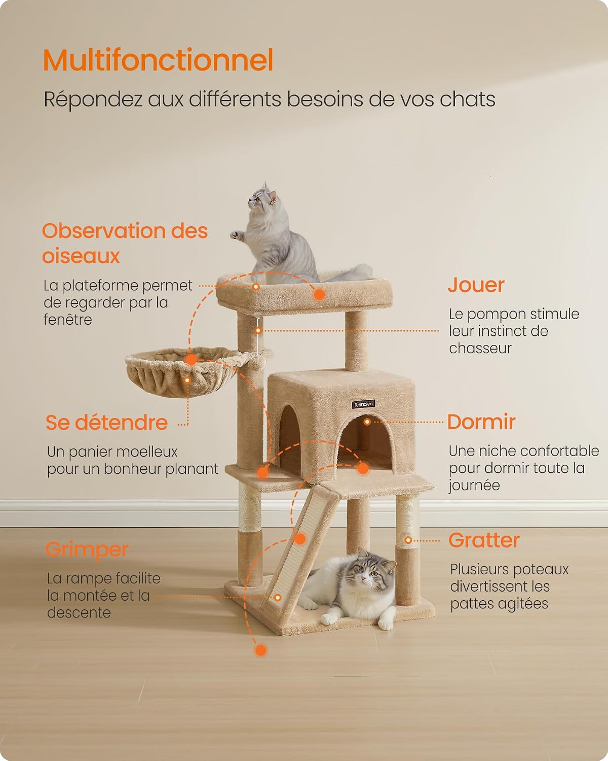 Detalle de Feandrea Arbre à Chat, Tour de Jeux, Grand Plate-Forme – Marron Camel PCT051K03