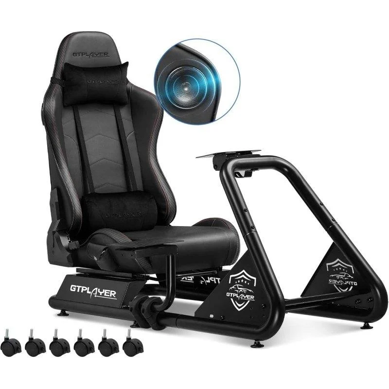 Detalle de Cockpit de simulación GTPLAYER Sim Racing con altavoces y soporte para volante y pedales