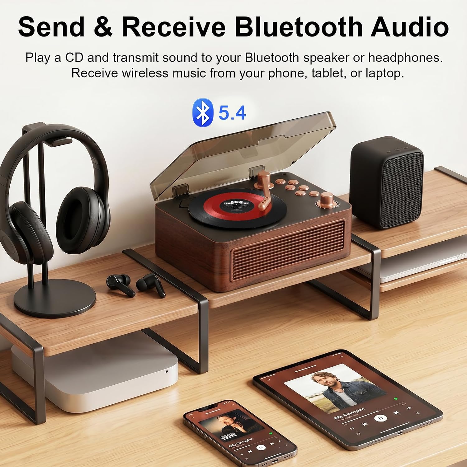 Detalle 2 de Gueray Lecteur CD Bluetooth Portable avec Haut-Parleurs — Design Vintage Bois de Noyer, 3600mAh