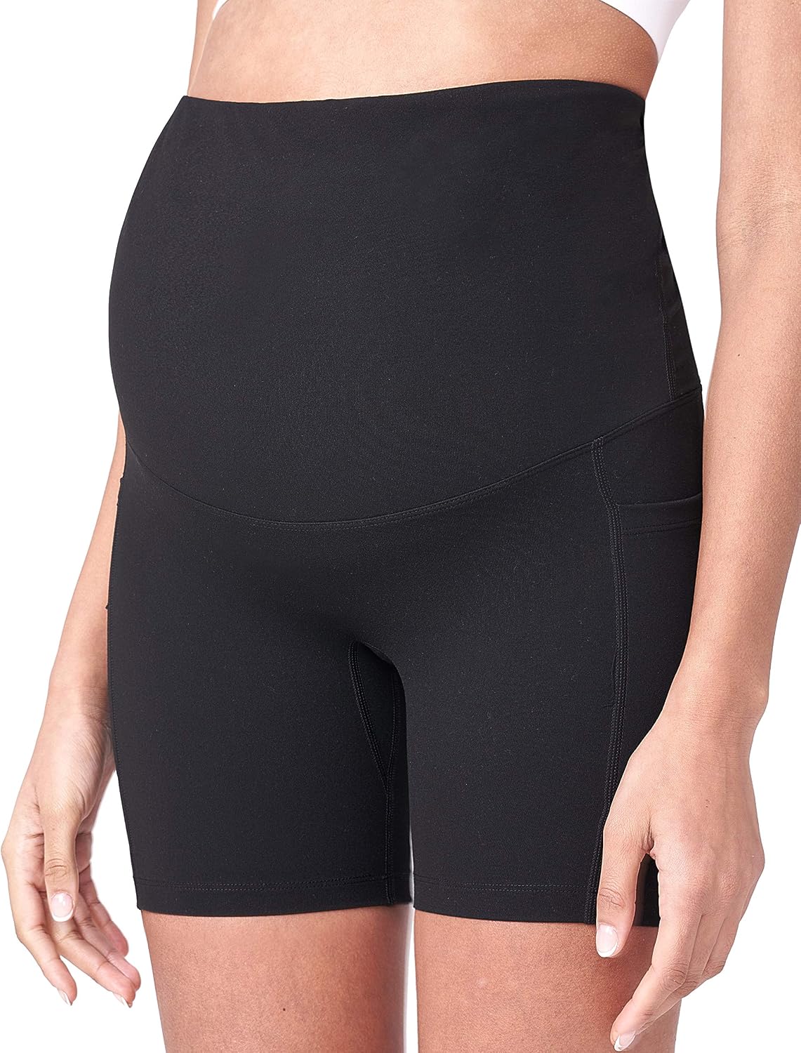 Detalle de POSHDIVAH Women's Maternity Yoga Shorts – Over Belly, 5"/8" with Pockets