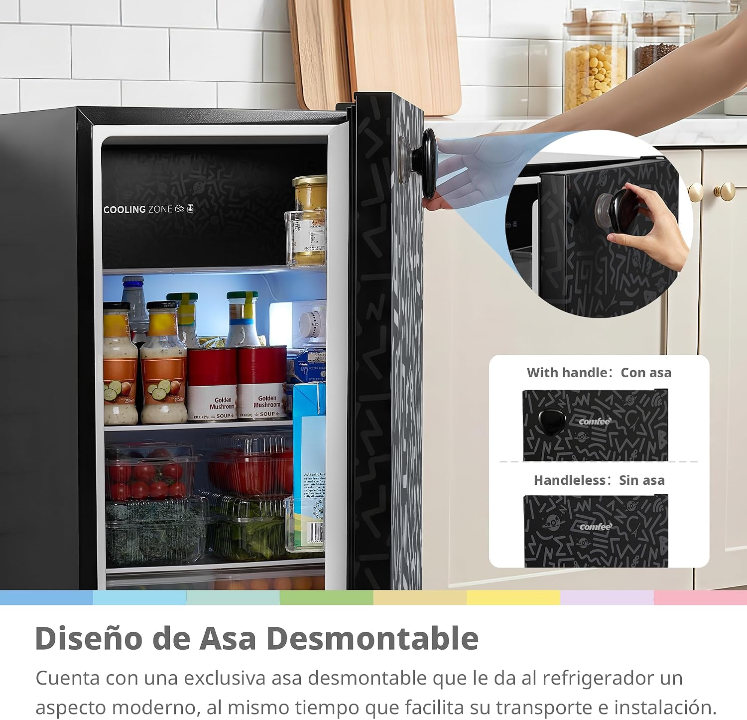 Detalle de Comfee RCD92BF2EUY(E): Refrigerador compacto de 88 L para espacios pequeños