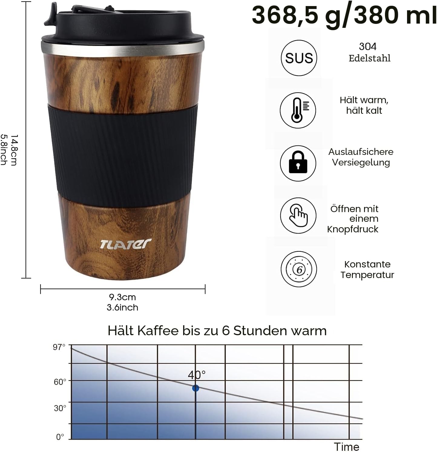 Detalle de Tlater Kaffeebecher to Go – 380 ml Doppelwandiger Edelstahl-Thermobecher mit Deckel