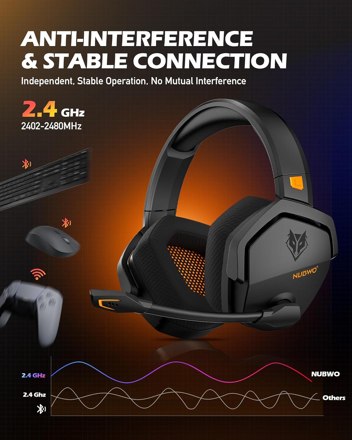 Thumbnail 1 de NUBWO Wireless Gaming Headset with Mic for Ps5 Ps4 PC, Zero Interference, 100-Hour Battery All-Day Play, 23ms Sync​ for Fortnite & Call of Duty/FPS Gamers, Triple Mode All Devices Compatible - Orange
NUBWO Wireless Gaming Headset with Mic for Ps5 P…