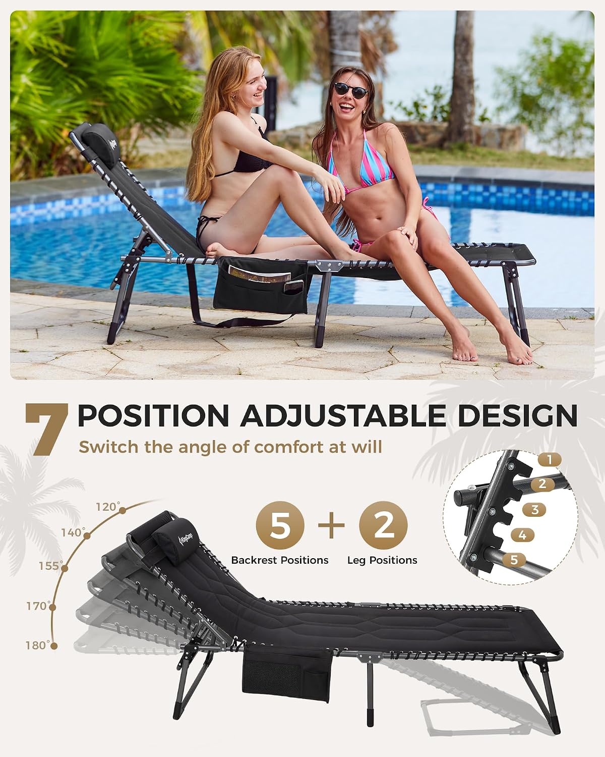 Thumbnail 4 de KingCamp Oversized Padded Sun Lounger for Garden – 200 kg Heavy Duty, 5-Position Adjustable Backrest