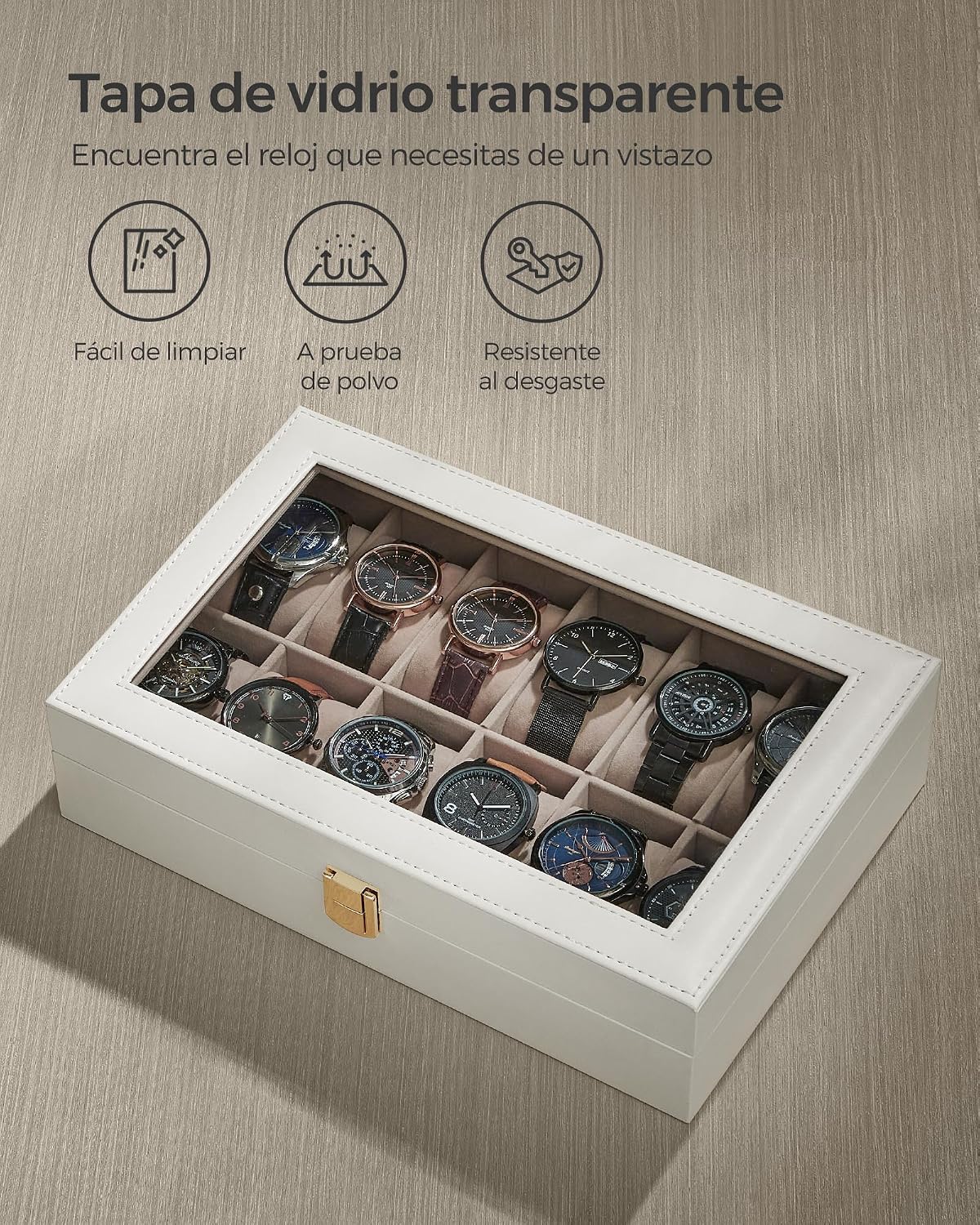 Thumbnail 4 de SONGMICS JWB120W01: Caja de Relojes con 12 Compartimentos y Tapa de Cristal en Cuero Sintético Blanco Nube
