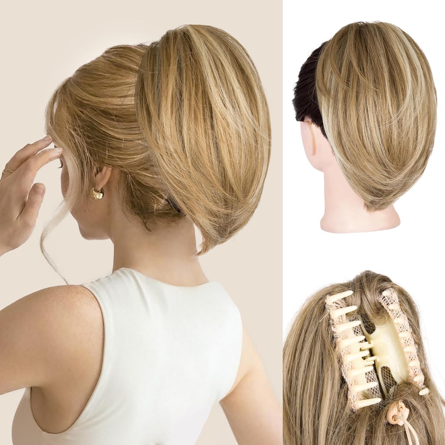 Detalle de Clip on Ponytails for Women - 10 Inch Short Straight Synthetic Ponytail Extension (Dark Blonde with Beige Highlights)