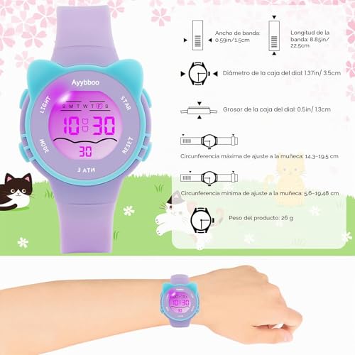 Detalle de Ayybboo Reloj Infantil Digital con 7 LEDs: reloj deportivo, impermeable 3 ATM y funciones completas