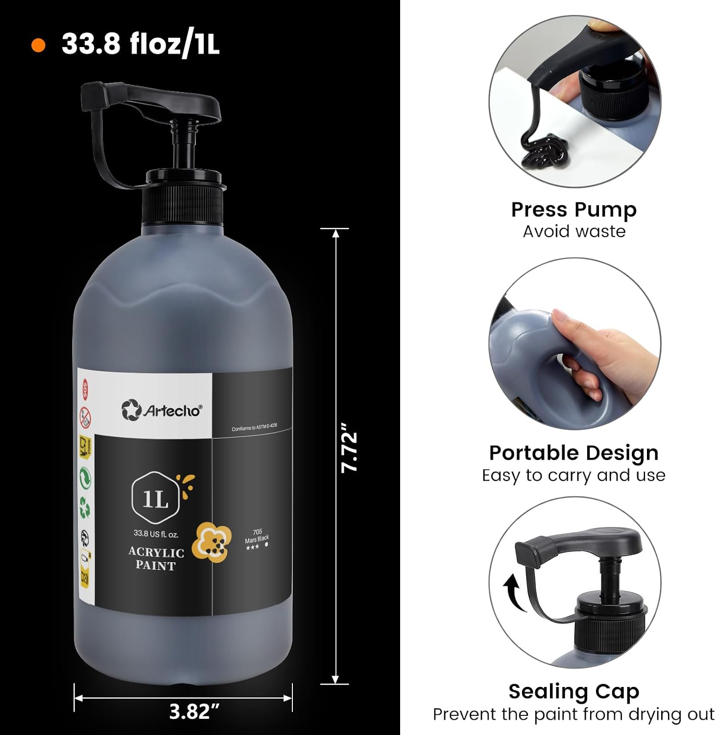 Detalle de Artecho White & Black Acrylic Paint – Large 1000ml Bottle