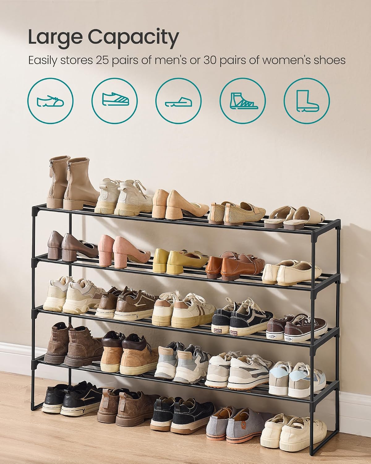 Detalle 2 de SONGMICS DEKY LSA034B01 4-Tier Shoe Rack, Stackable, 116 x 30 x 72 cm