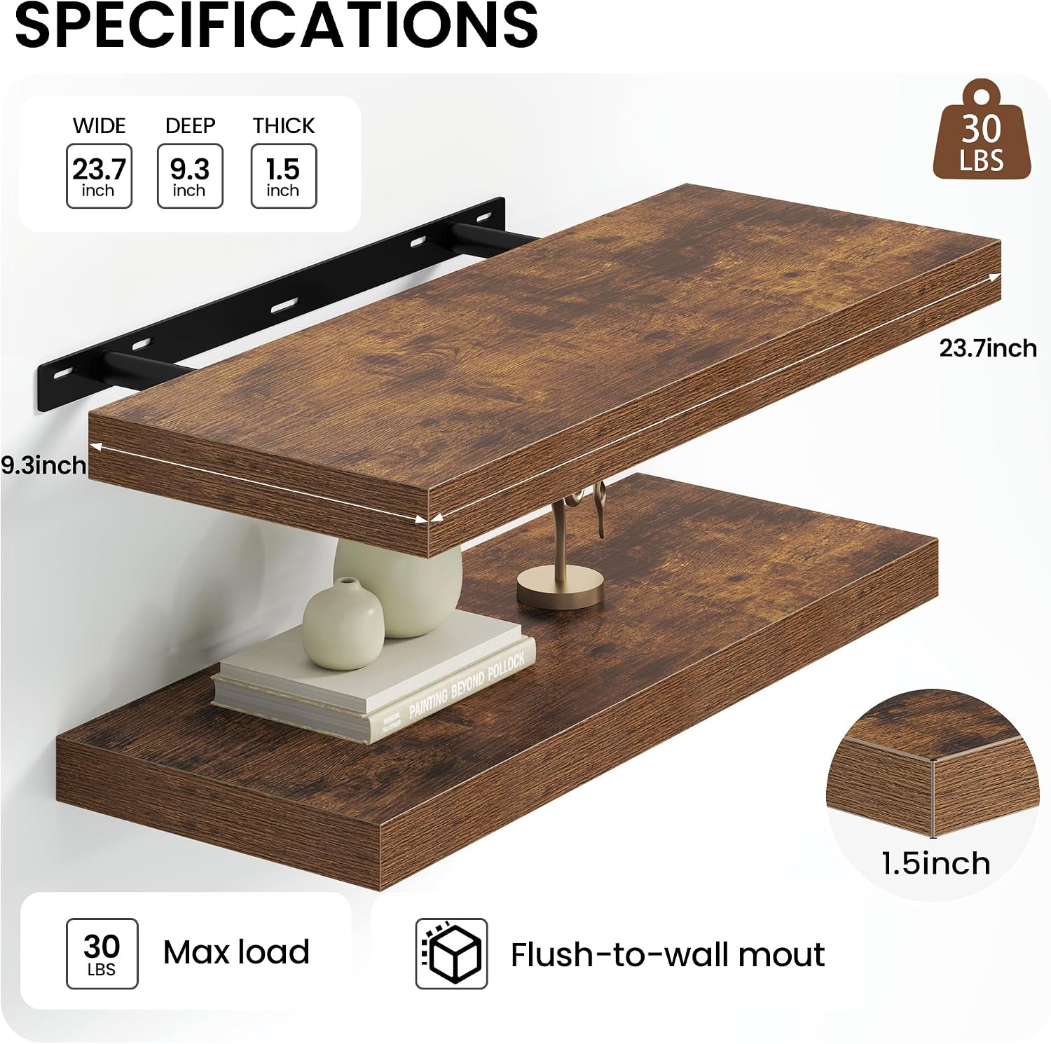 Detalle 2 de Heimlove Floating Shelves for Wall, Set of 2, 24-Inch Rustic Brown