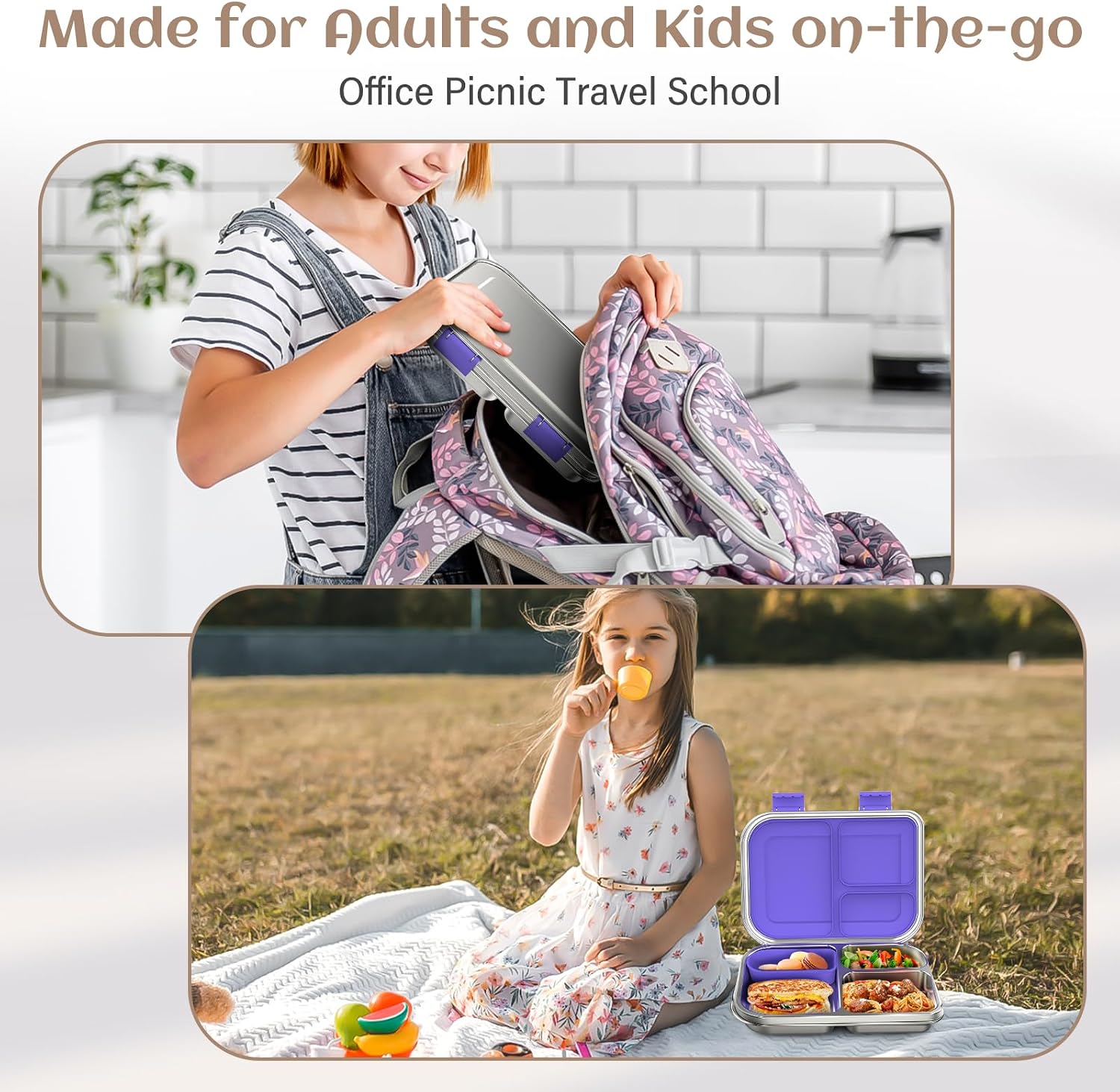 Thumbnail 6 de BABHAMNESS Stainless Steel Kids Bento Box (3 Compartments) — Leak Proof Lunch Container, BPA-Free, Dishwasher Safe, Purple