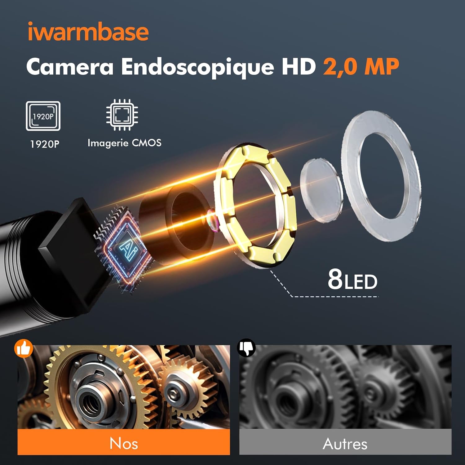 Thumbnail 1 de iWarmbase Caméra endoscopique 4,3" 1080 HD avec 8 LED réglables, câble semi-rigide 5 m, IP67, batterie 2600 mAh