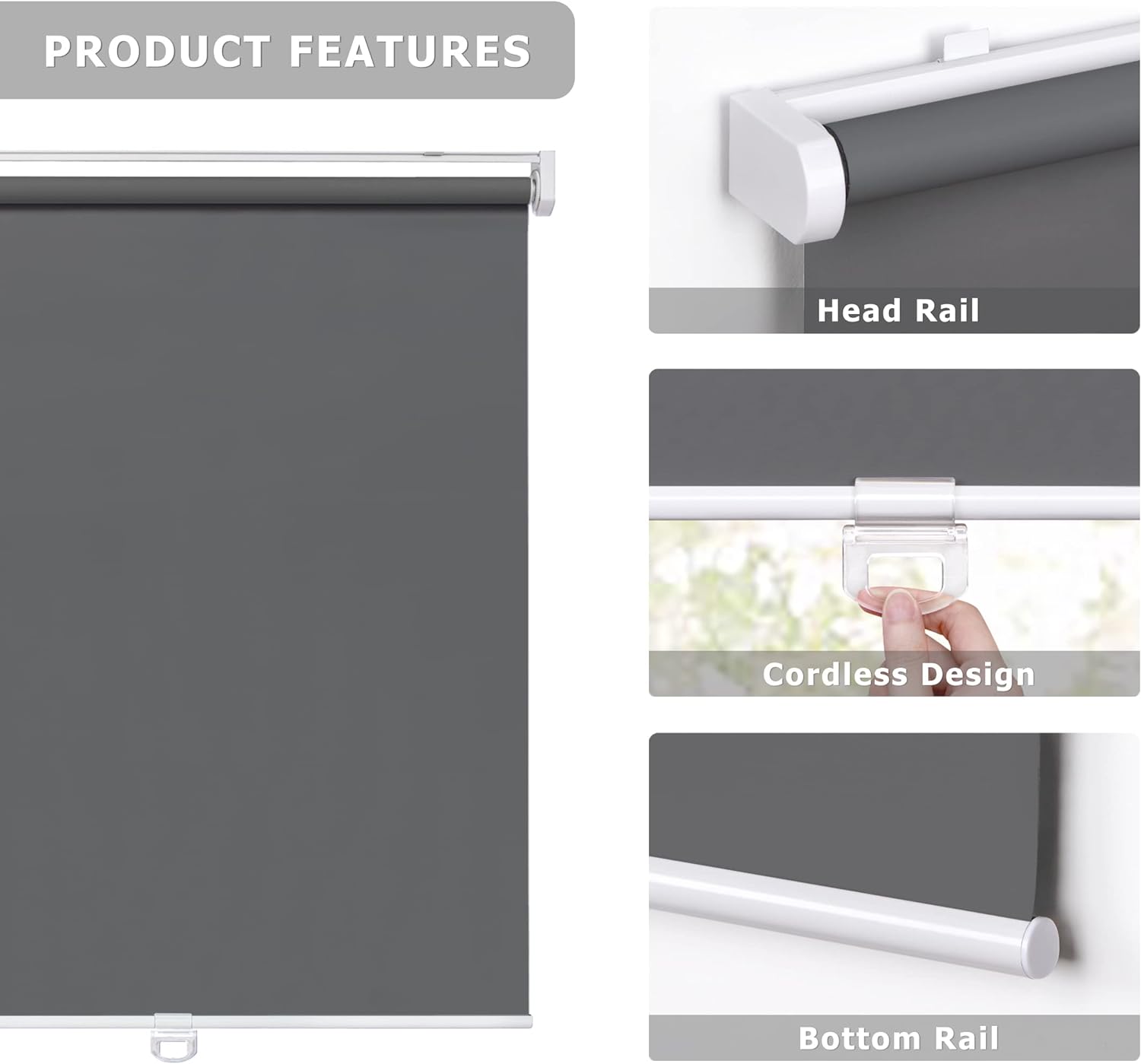 Detalle de LazBlinds No-Drill Cordless Roller Shade, 24 x 72, Gray Blackout Polyester