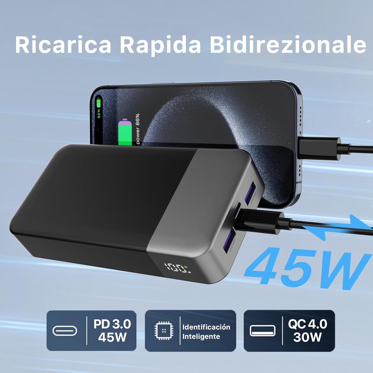 Thumbnail 4 de NOBIS Power Bank 20000mAh 45W – Caricatore Portatile USB-C con Display LED