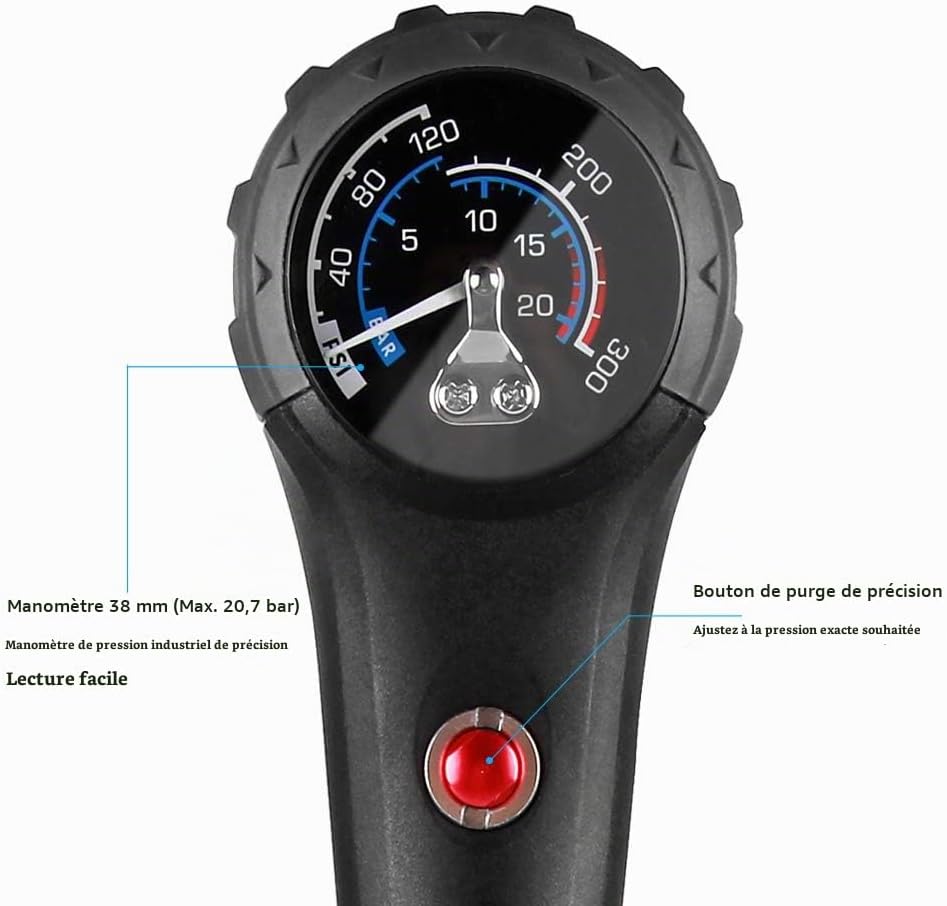 Detalle de Beto MTB-schokpomp 300 psi met dubbele functie en manometer