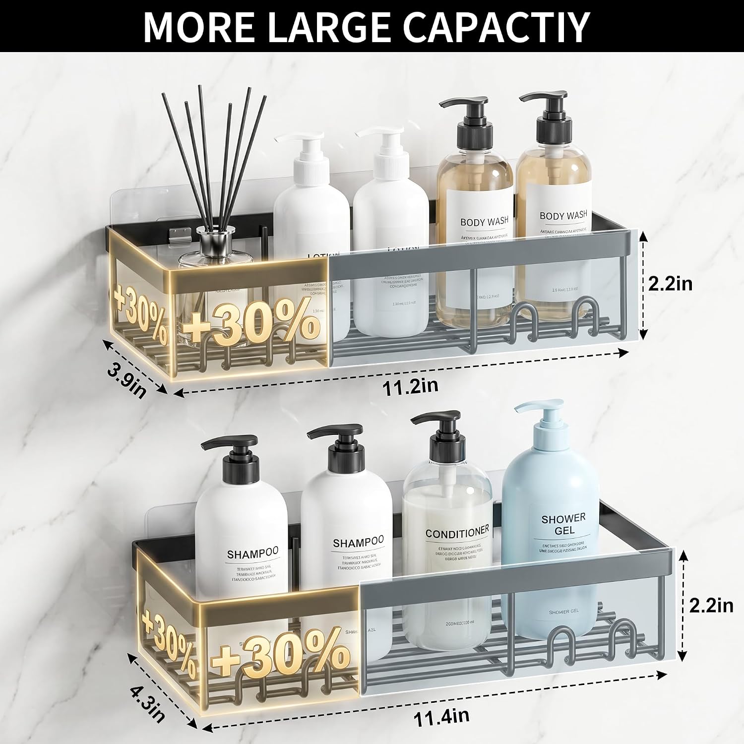 Detalle de Moforoco Shower Caddy Shelf Organizer, 2-Piece Black Adhesive Set with Hooks